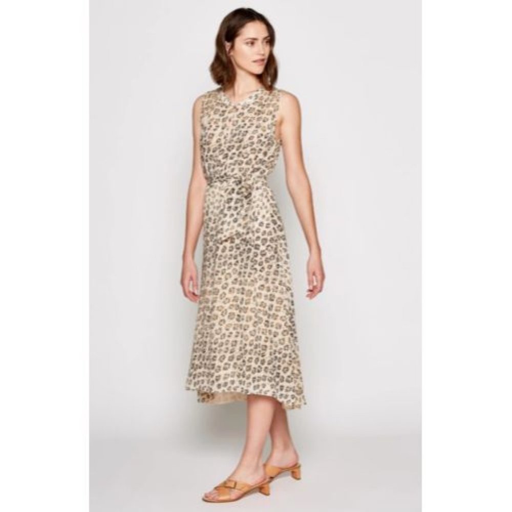"JOIE" TAN ANIMAL PRINT  TIE WAIST HI-LOW HEMLINE 100% SILK CORRIN DRESS L EUC